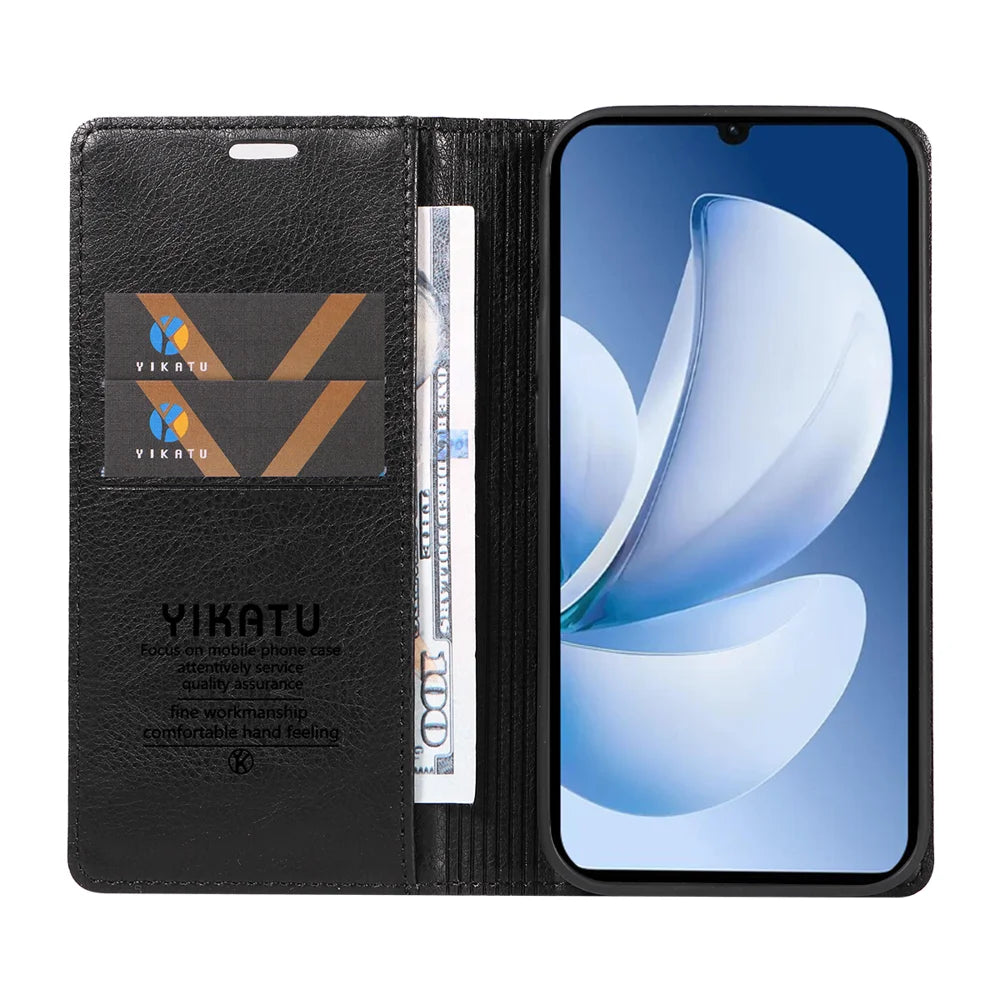 YIKATU For Realme Narzo 80 Lite 4G / Realme Note 70 4G / Realme Note 70T 4G / Realme C71 4G (India) Wallet Case  YK-006 Magnetic Closure Leather Phone Cover Litchi Texture - Black - 2