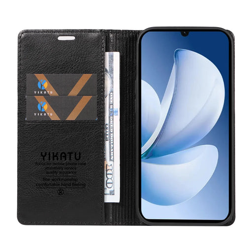 YIKATU For Realme Narzo 80 Lite 4G / Realme Note 70 4G / Realme Note 70T 4G / Realme C71 4G (India) Wallet Case  YK-006 Magnetic Closure Leather Phone Cover Litchi Texture - Black - 2