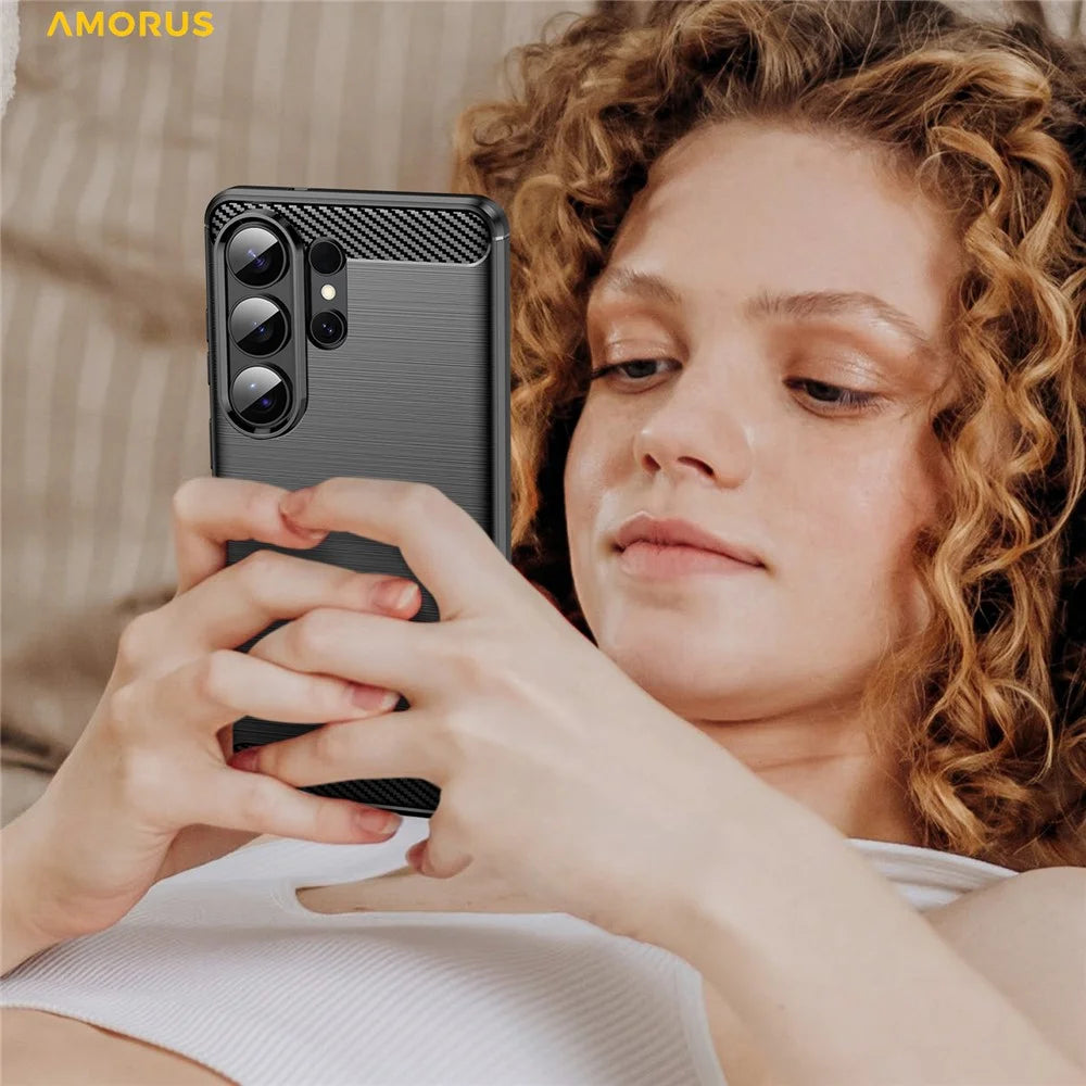 AMORUS For Samsung Galaxy S26 Ultra Case Carbon Fiber Texture Brushed Protective Phone Cover - Black - 6