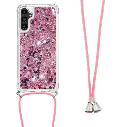 For Samsung Galaxy A14 5G / A14 4G TPU Case Quicksand Design Phone Cover with Lanyard - Rose Gold  /  Hearts - 1