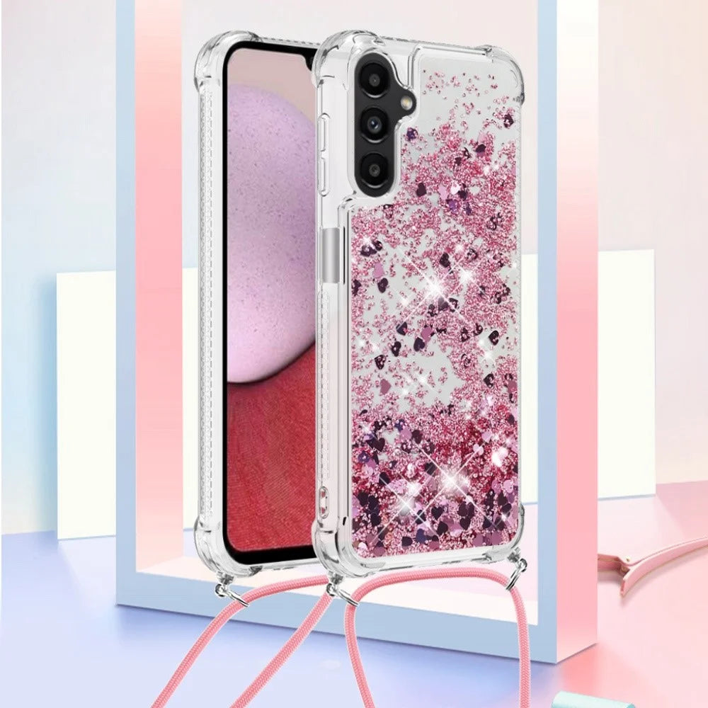 For Samsung Galaxy A14 5G / A14 4G TPU Case Quicksand Design Phone Cover with Lanyard - Rose Gold  /  Hearts - 2