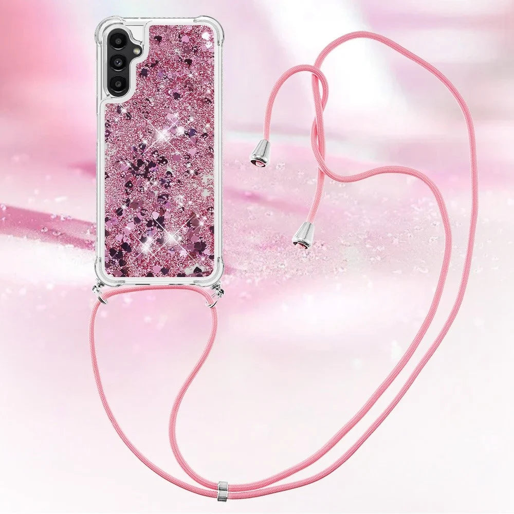 For Samsung Galaxy A14 5G / A14 4G TPU Case Quicksand Design Phone Cover with Lanyard - Rose Gold  /  Hearts - 3