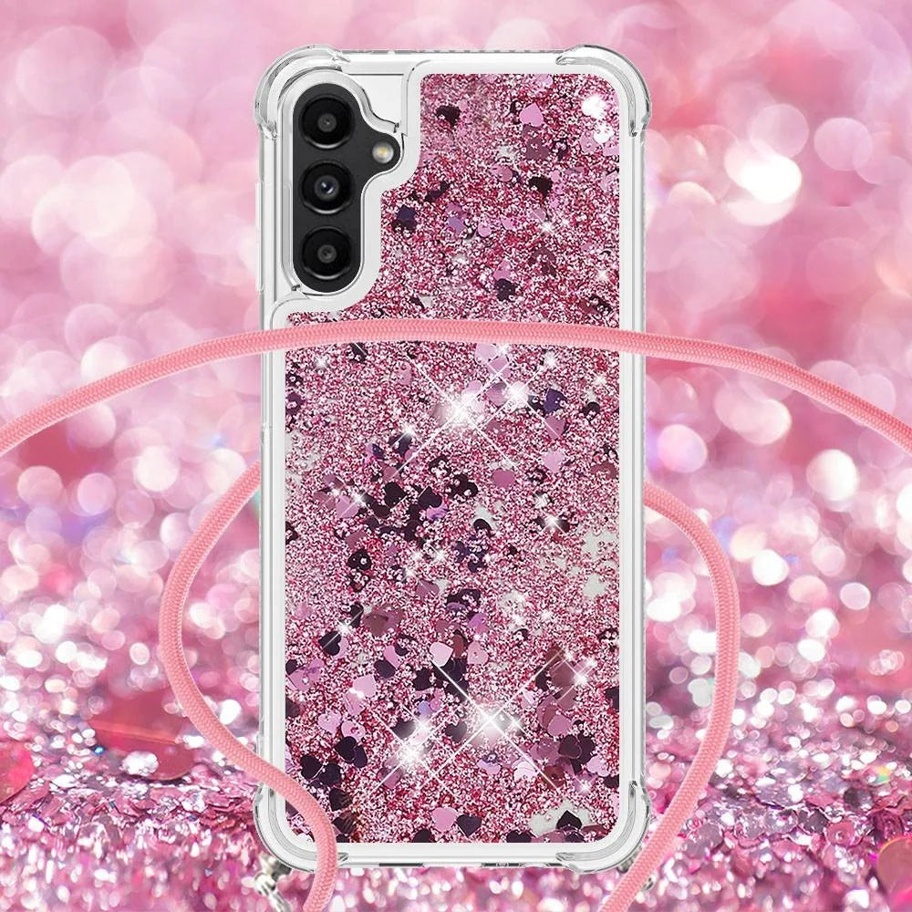 For Samsung Galaxy A14 5G / A14 4G TPU Case Quicksand Design Phone Cover with Lanyard - Rose Gold  /  Hearts - 4
