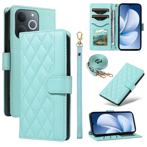 For Realme Narzo 80 Lite 4G / Realme Note 70T 4G / Realme Note 70 4G / Realme C71 4G (India) Wallet Case Rhombus Leather Phone Cover with Strap - Green - 1