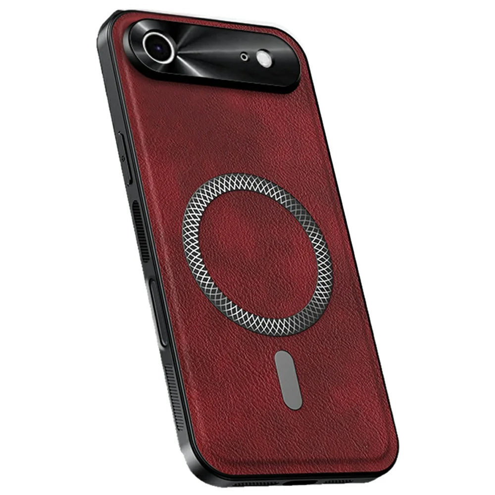 For iPhone Air Case Compatible with MagSafe PU TPU PC Phone Back Cover with Metal Lens Frame - Wine Red - 1
