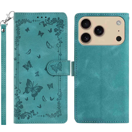For iPhone 18 Pro / 17 Pro Case Garden Imprinted PU Leather Wallet Phone Cover with Wrist Strap - Green - 1