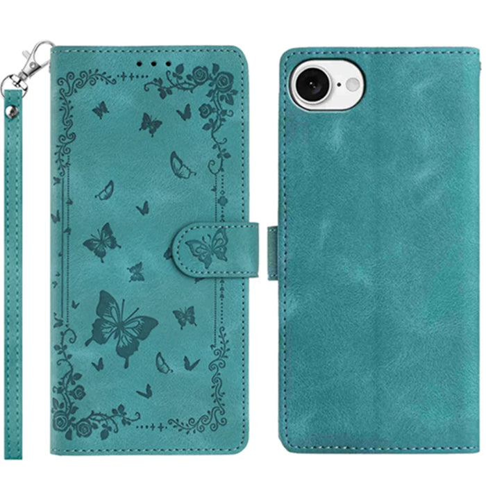 For iPhone 17e / 16e Case Garden Imprinted PU Leather Wallet Phone Cover with Wrist Strap - Green - 1