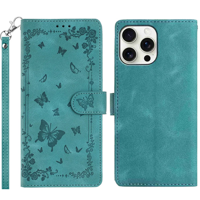 For iPhone 16 Pro Max Case Garden Imprinted PU Leather Wallet Phone Cover with Wrist Strap - Green - 1