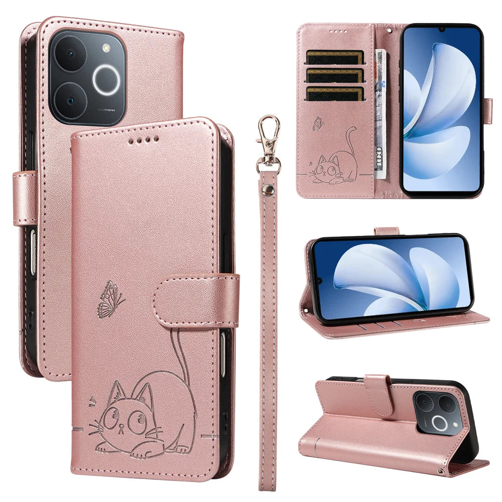 For Realme Narzo 80 Lite 4G / Realme Note 70T 4G / Realme Note 70 4G / Realme C71 4G (India) Case Cat Pattern Imprint Leather Phone Cover with Wrist Strap - Rose Gold - 1