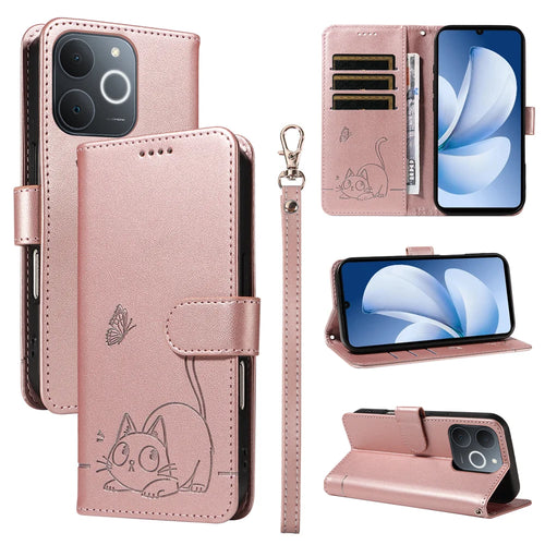 For Realme Narzo 80 Lite 4G / Realme Note 70T 4G / Realme Note 70 4G / Realme C71 4G (India) Case Cat Pattern Imprint Leather Phone Cover with Wrist Strap - Rose Gold - 1