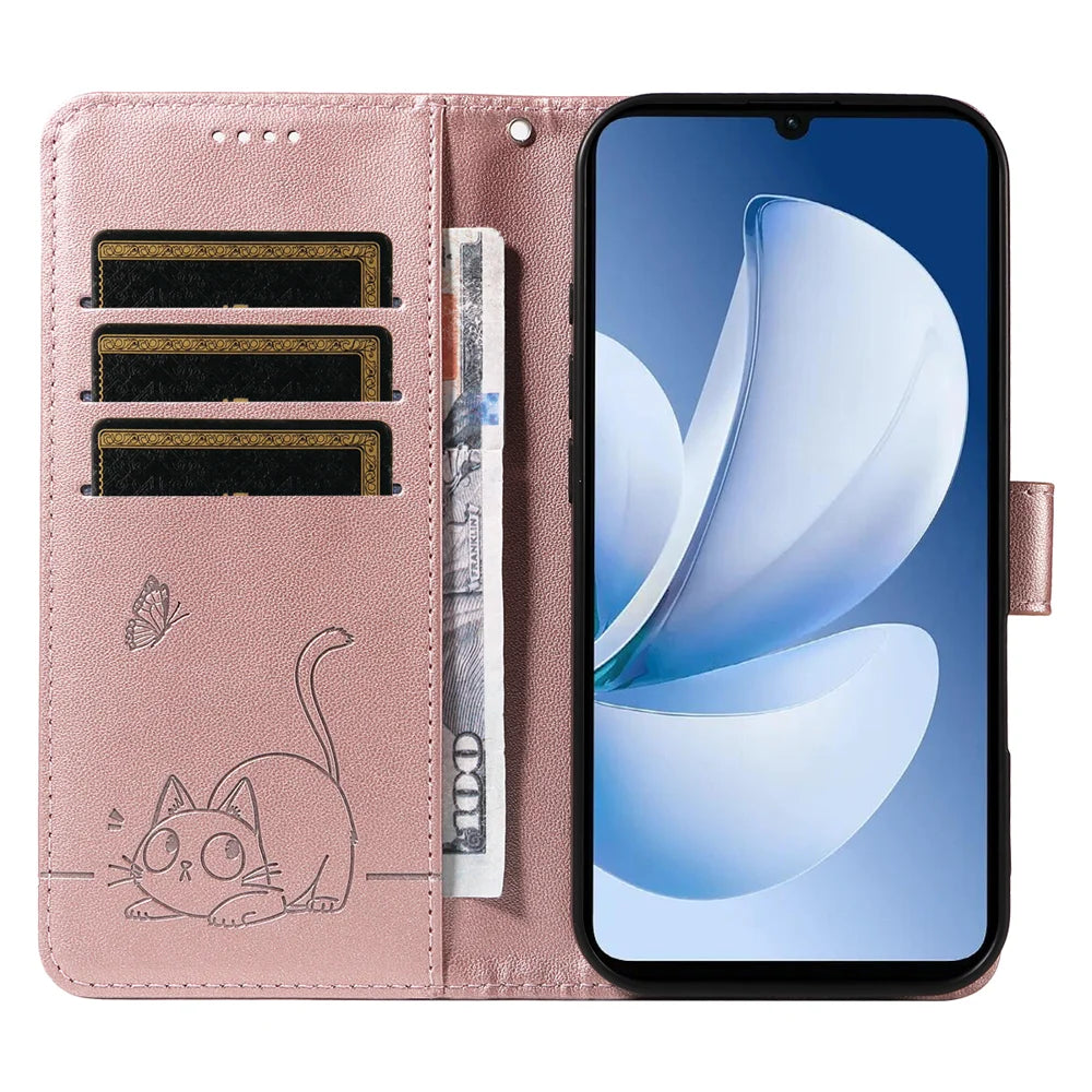 For Realme Narzo 80 Lite 4G / Realme Note 70T 4G / Realme Note 70 4G / Realme C71 4G (India) Case Cat Pattern Imprint Leather Phone Cover with Wrist Strap - Rose Gold - 2