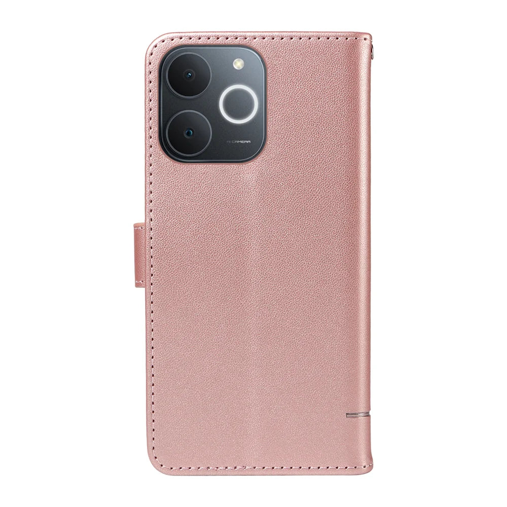 For Realme Narzo 80 Lite 4G / Realme Note 70T 4G / Realme Note 70 4G / Realme C71 4G (India) Case Cat Pattern Imprint Leather Phone Cover with Wrist Strap - Rose Gold - 7