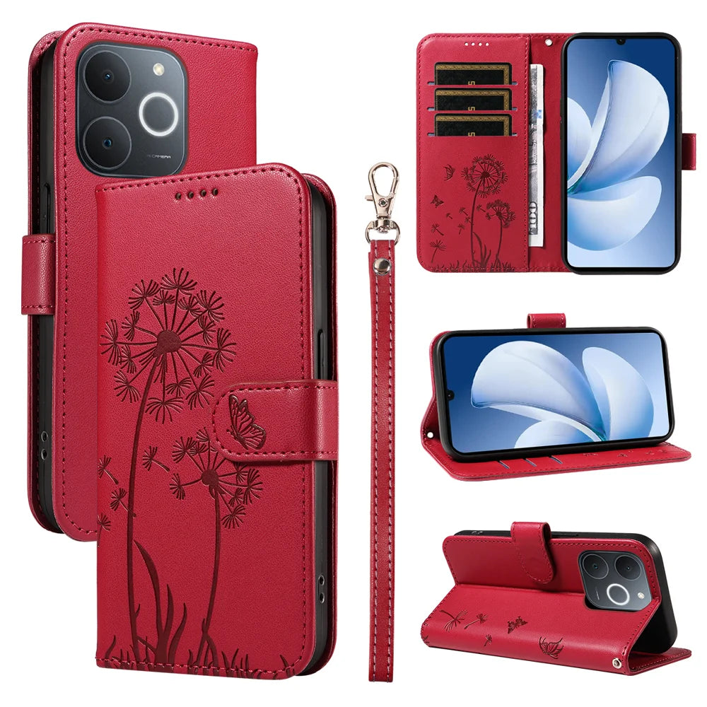 For Realme Narzo 80 Lite 4G / Realme Note 70 4G / Realme Note 70T 4G / Realme C71 4G (India) Leather Wallet Case with Strap Dandelion Imprint Phone Stand Cover - Red - 1