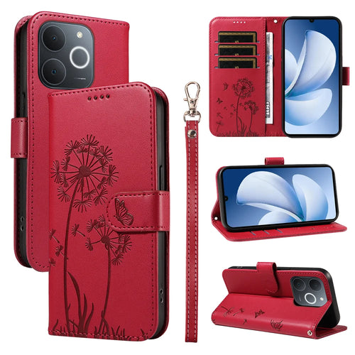 For Realme Narzo 80 Lite 4G / Realme Note 70 4G / Realme Note 70T 4G / Realme C71 4G (India) Leather Wallet Case with Strap Dandelion Imprint Phone Stand Cover - Red - 1