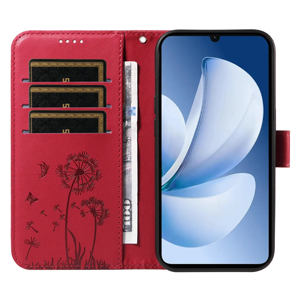 For Realme Narzo 80 Lite 4G / Realme Note 70 4G / Realme Note 70T 4G / Realme C71 4G (India) Leather Wallet Case with Strap Dandelion Imprint Phone Stand Cover - Red - 2