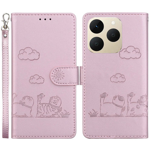 For Realme 15T 5G Case RFID Blocking Kitten Pattern TPU + PU Leather Phone Cover with Wrist Strap - Pink - 1