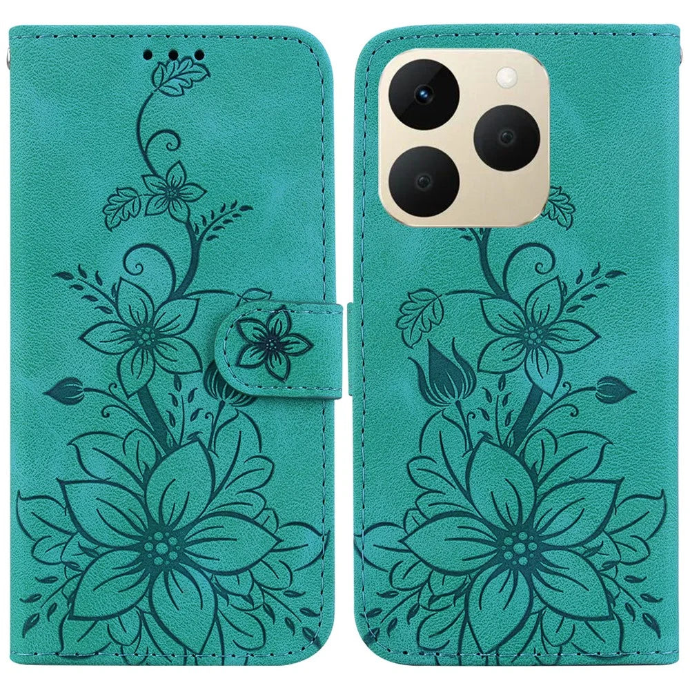 For Realme 15T 5G Stand Case Lily Flower Imprint Leather Phone Cover with Wrist Strap - Green - 1