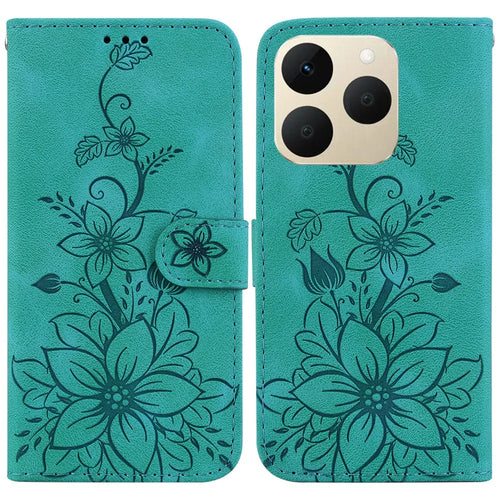 For Realme 15T 5G Stand Case Lily Flower Imprint Leather Phone Cover with Wrist Strap - Green - 1