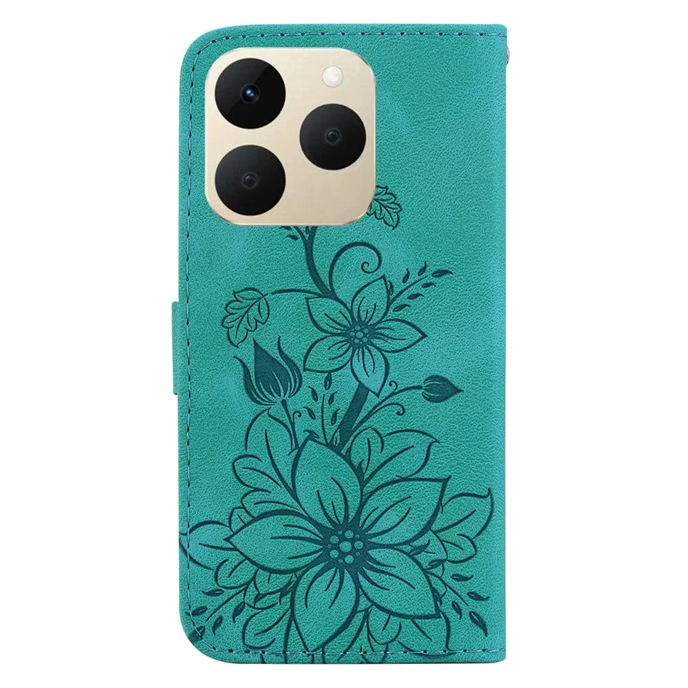 For Realme 15T 5G Stand Case Lily Flower Imprint Leather Phone Cover with Wrist Strap - Green - 7