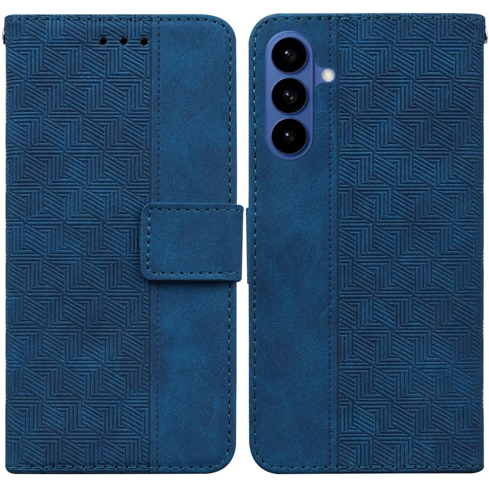 For Samsung Galaxy S26 Case Geometry Pattern Leather Wallet Phone Cover with Wrist Strap - Blue - 1