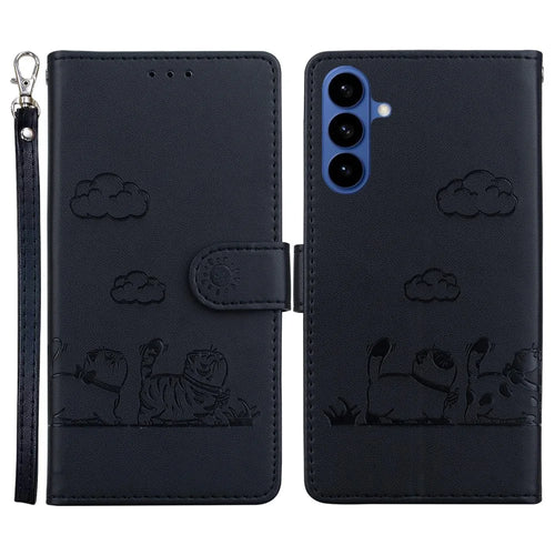 For Samsung Galaxy S26 Case RFID Blocking Kitten Pattern TPU + PU Leather Phone Cover with Wrist Strap - Black - 1