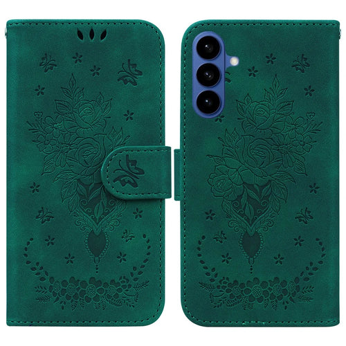 For Samsung Galaxy S26 Fusion 5G Case Butterfly Flower Imprint PU Leather Wallet Phone Cover with Strap - Green - 1