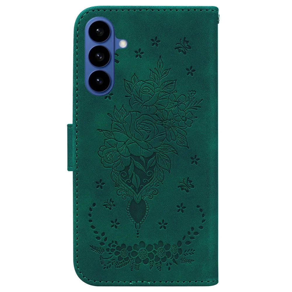 For Samsung Galaxy S26 Fusion 5G Case Butterfly Flower Imprint PU Leather Wallet Phone Cover with Strap - Green - 7