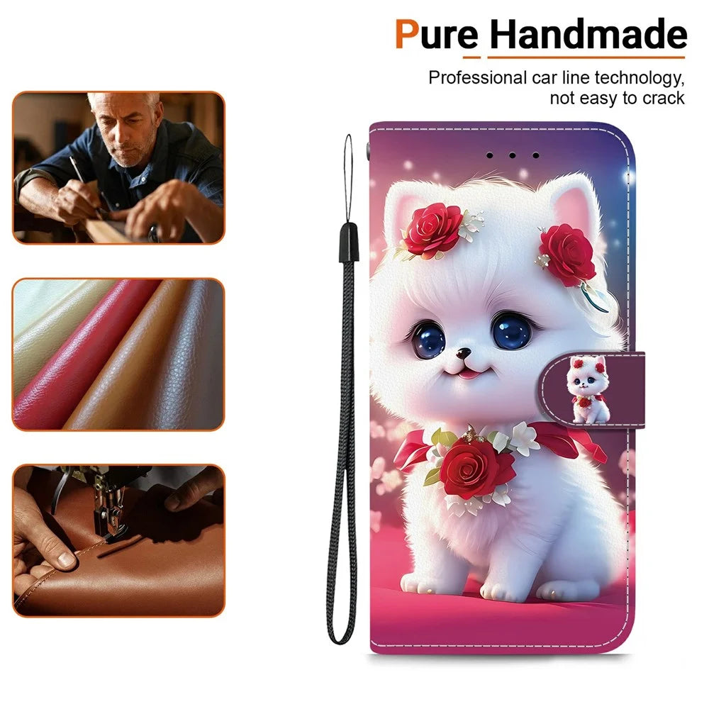 For Samsung Galaxy S26 Leather Case Stand Wallet Pattern Printing Phone Cover with Wrist Strap - Rose Cat - 4