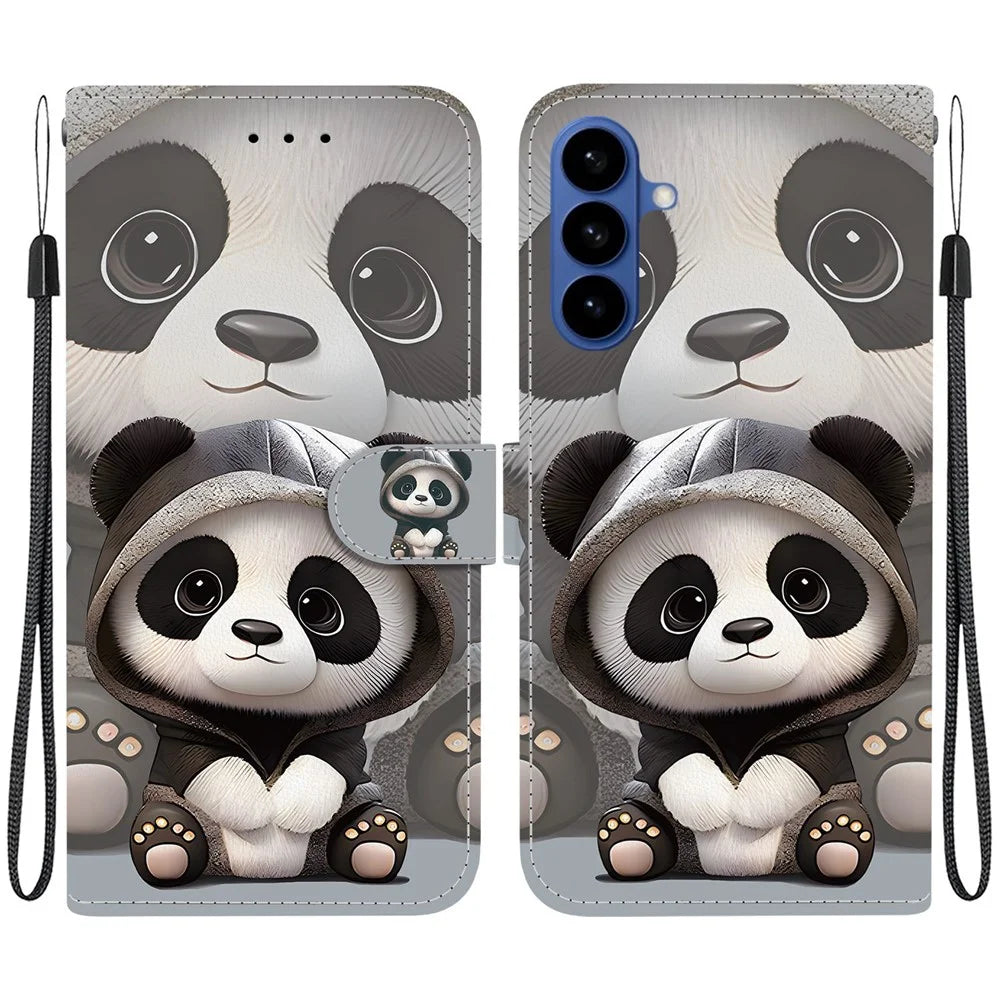 For Samsung Galaxy S26 Wallet Case Pattern Printing Leather Stand Phone Cover with Strap - Panda - 1