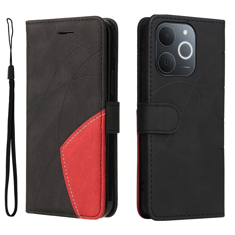 For Realme Narzo 80 Lite 4G / Realme Note 70 4G / Realme Note 70T 4G / Realme C71 4G (India) Leather Phone Case Stand Wallet with Bi-colour Splicing Design - Black - 1