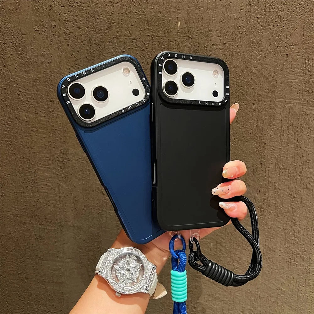 For iPhone 18 Pro / 17 Pro Case Black Lens Frame Metal Paint Finish PC + TPU Phone Back Cover with Wrist Strap - Silver - 3