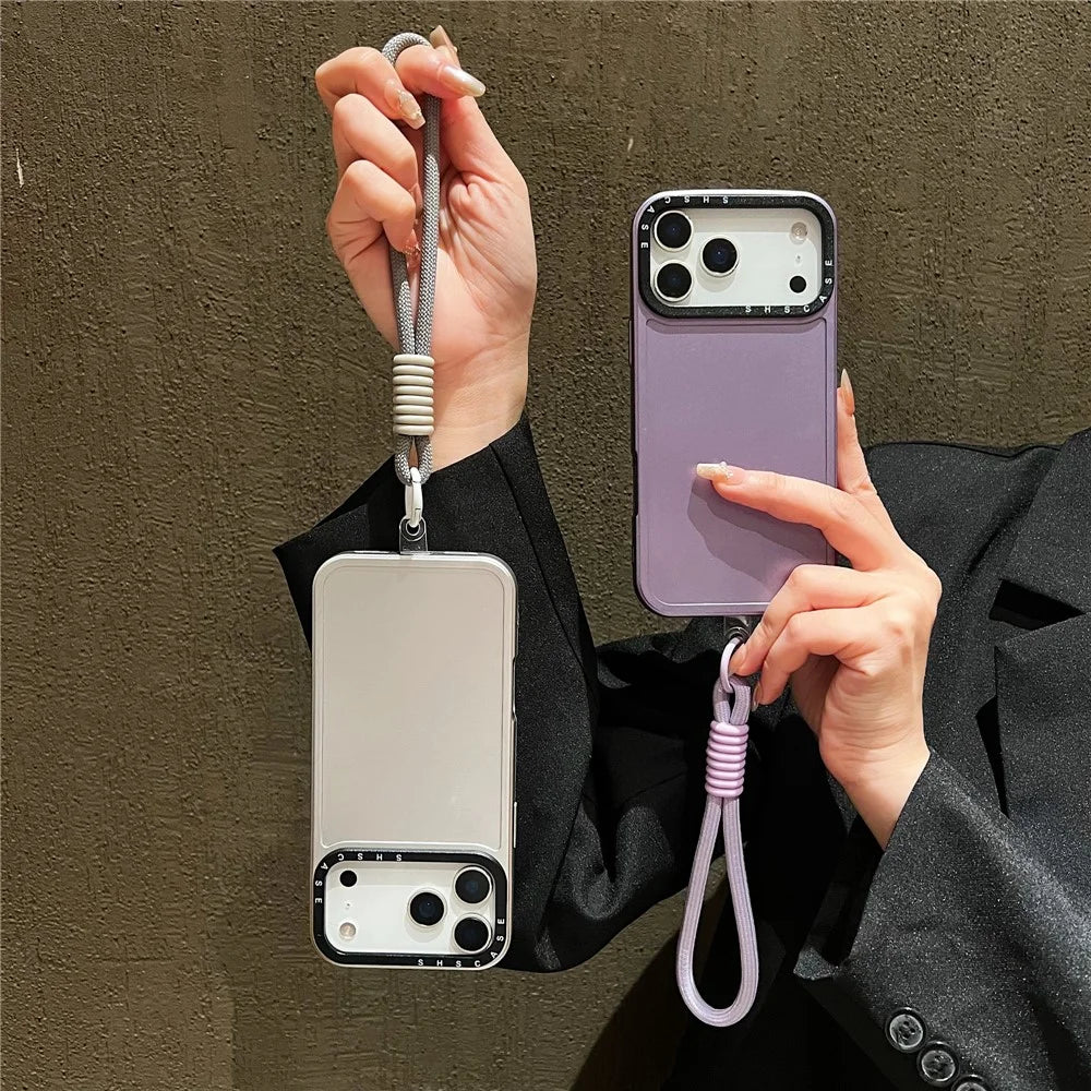 For iPhone 18 Pro / 17 Pro Case Black Lens Frame Metal Paint Finish PC + TPU Phone Back Cover with Wrist Strap - Silver - 5