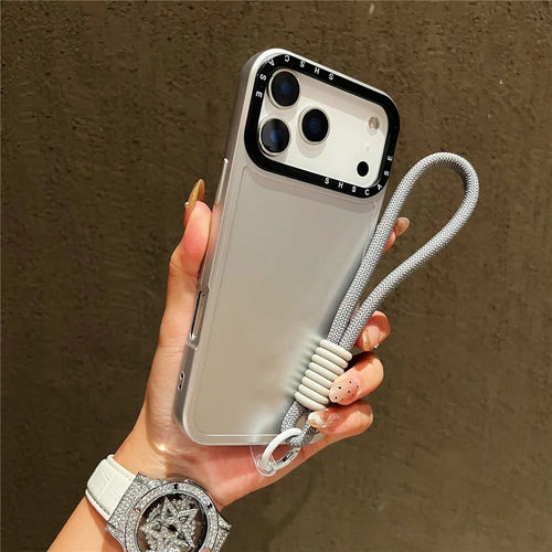For iPhone 18 Pro Max / 17 Pro Max Case Black Lens Frame Metal Paint Finish PC + TPU Phone Back Cover with Wrist Strap - Silver - 1