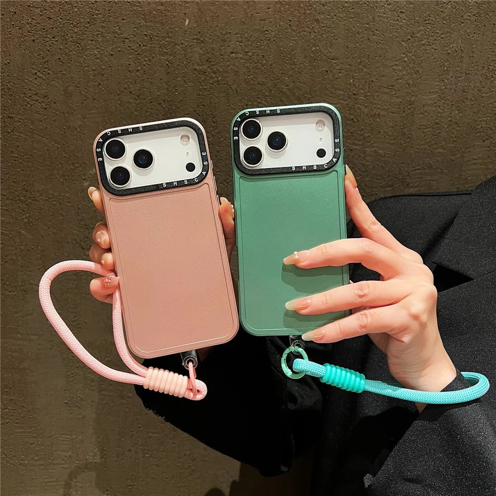 For iPhone 18 Pro Max / 17 Pro Max Case Black Lens Frame Metal Paint Finish PC + TPU Phone Back Cover with Wrist Strap - Silver - 4