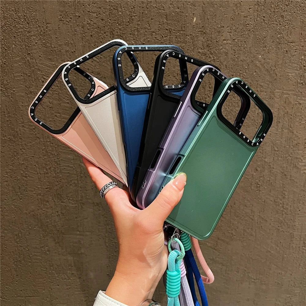 For iPhone 18 Pro Max / 17 Pro Max Case Black Lens Frame Metal Paint Finish PC + TPU Phone Back Cover with Wrist Strap - Silver - 7