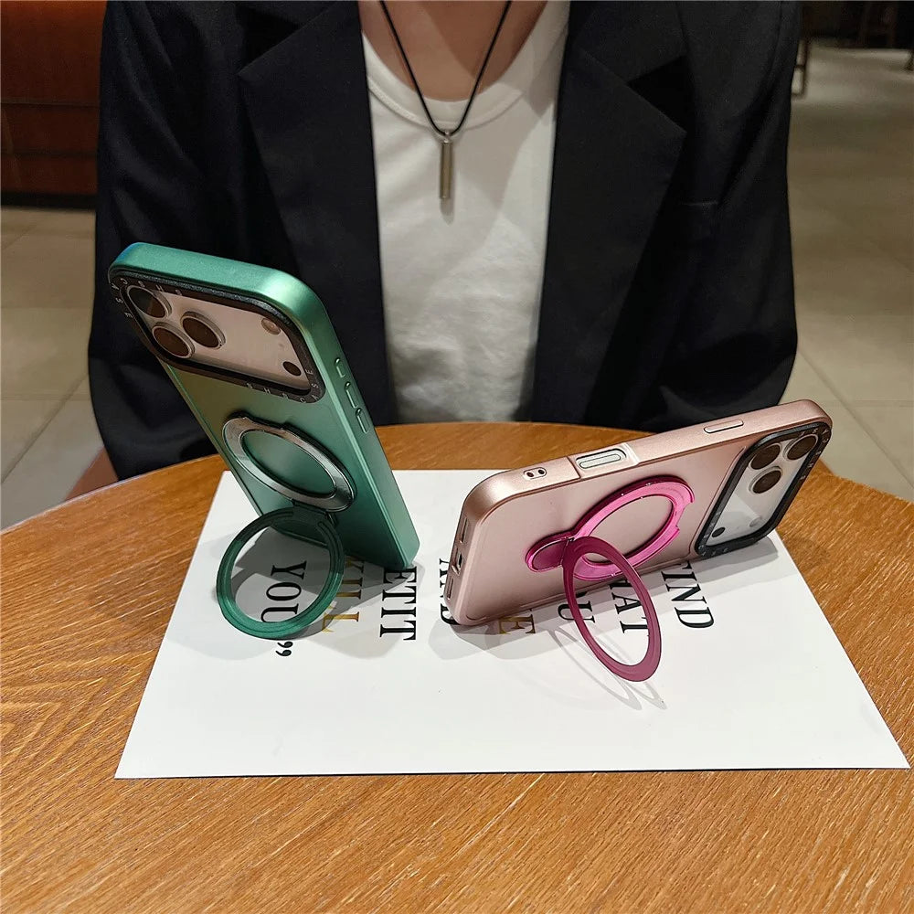 For iPhone 18 Pro / 17 Pro Magnetic Case Kickstand Black Lens Frame Metal Paint Finish PC TPU Phone Back Cover - Rose Gold - 2
