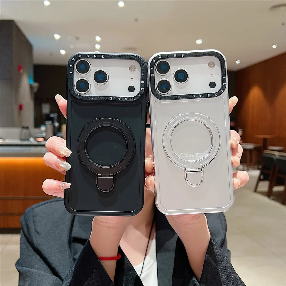 For iPhone 18 Pro / 17 Pro Magnetic Case Kickstand Black Lens Frame Metal Paint Finish PC TPU Phone Back Cover - Rose Gold - 4