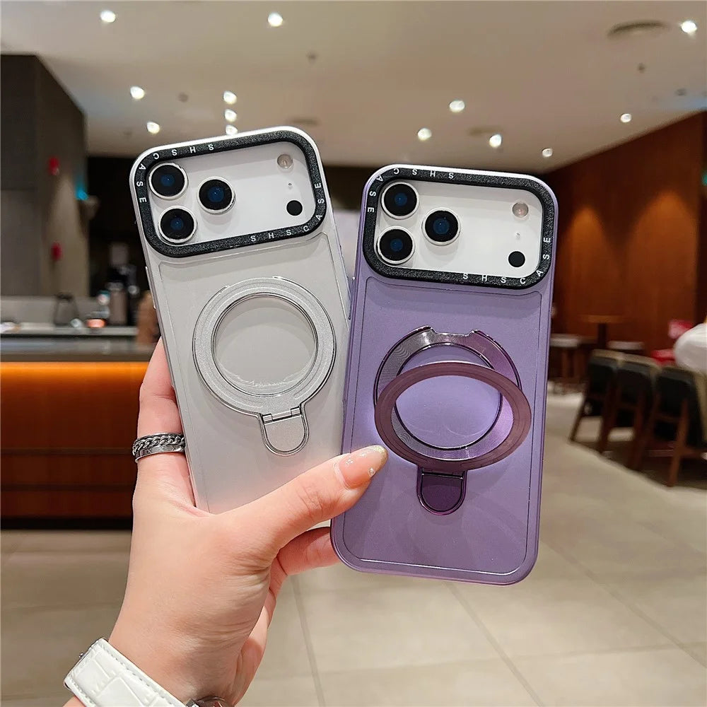 For iPhone 18 Pro / 17 Pro Magnetic Case Kickstand Black Lens Frame Metal Paint Finish PC TPU Phone Back Cover - Rose Gold - 5