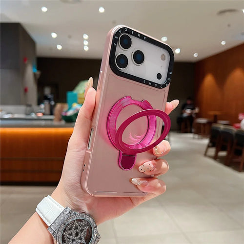 For iPhone 18 Pro Max / 17 Pro Max Magnetic Case Kickstand Black Lens Frame Metal Paint Finish PC TPU Phone Back Cover - Rose Gold - 1