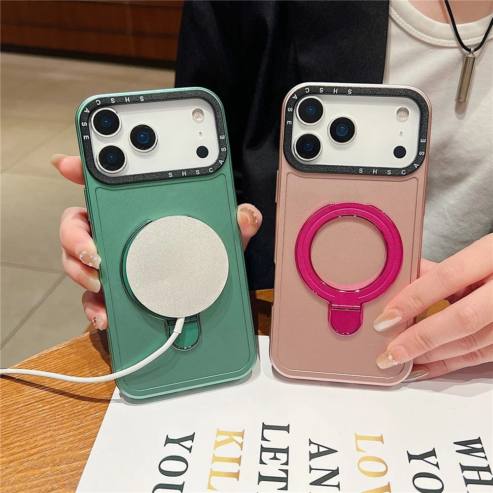 For iPhone 18 Pro Max / 17 Pro Max Magnetic Case Kickstand Black Lens Frame Metal Paint Finish PC TPU Phone Back Cover - Rose Gold - 3