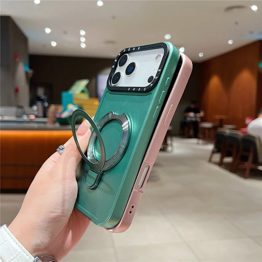 For iPhone 18 Pro Max / 17 Pro Max Magnetic Case Kickstand Black Lens Frame Metal Paint Finish PC TPU Phone Back Cover - Rose Gold - 7