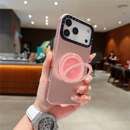 For iPhone 18 Pro / 17 Pro Magnetic Case Rotating Kickstand Black Lens Frame Metal Paint Finish PC TPU Phone Cover - Rose Gold - 1