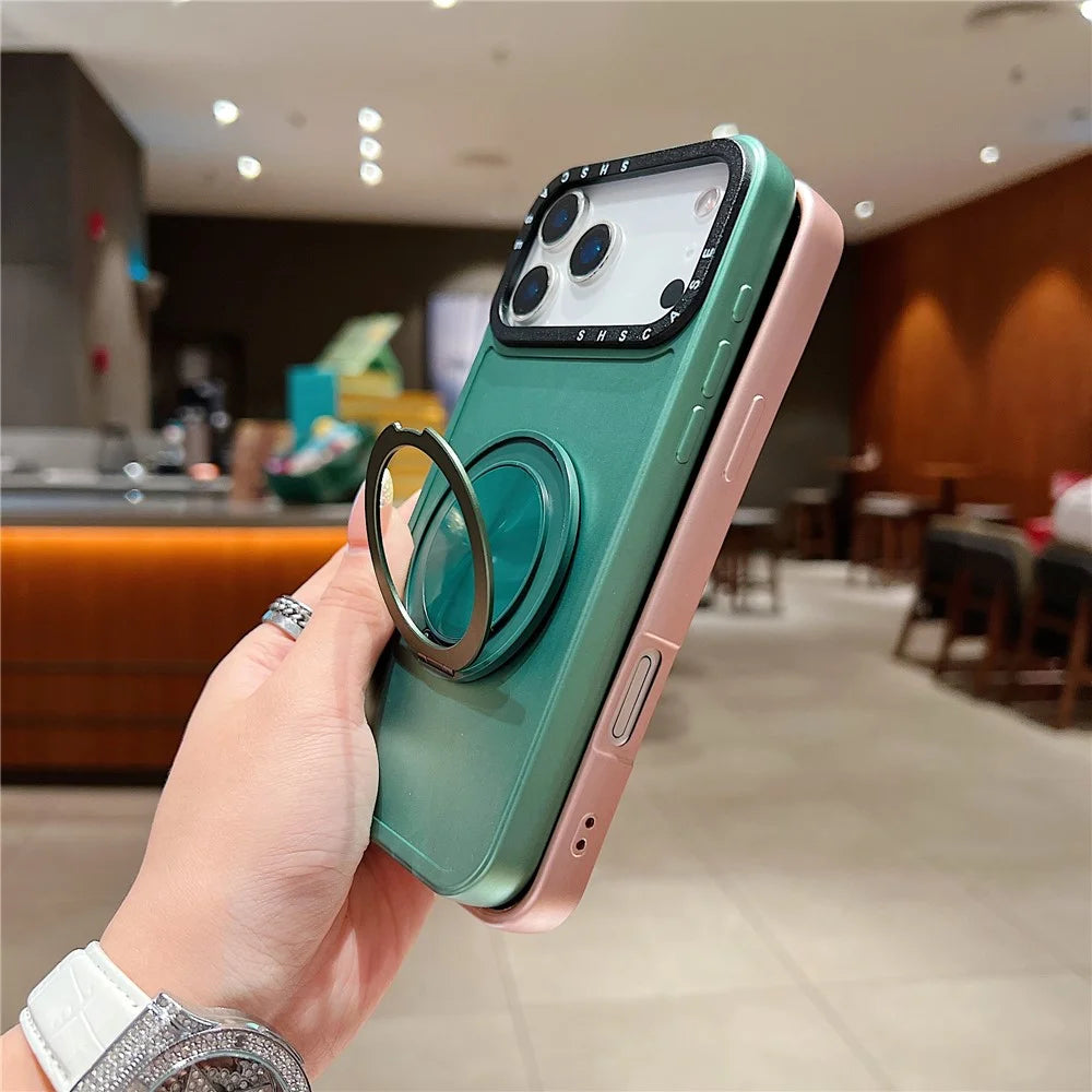 For iPhone 18 Pro / 17 Pro Magnetic Case Rotating Kickstand Black Lens Frame Metal Paint Finish PC TPU Phone Cover - Rose Gold - 6