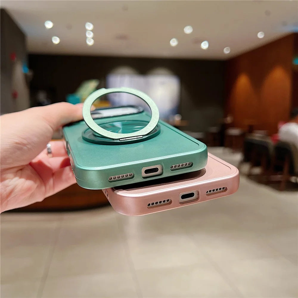 For iPhone 18 Pro / 17 Pro Magnetic Case Rotating Kickstand Black Lens Frame Metal Paint Finish PC TPU Phone Cover - Rose Gold - 7