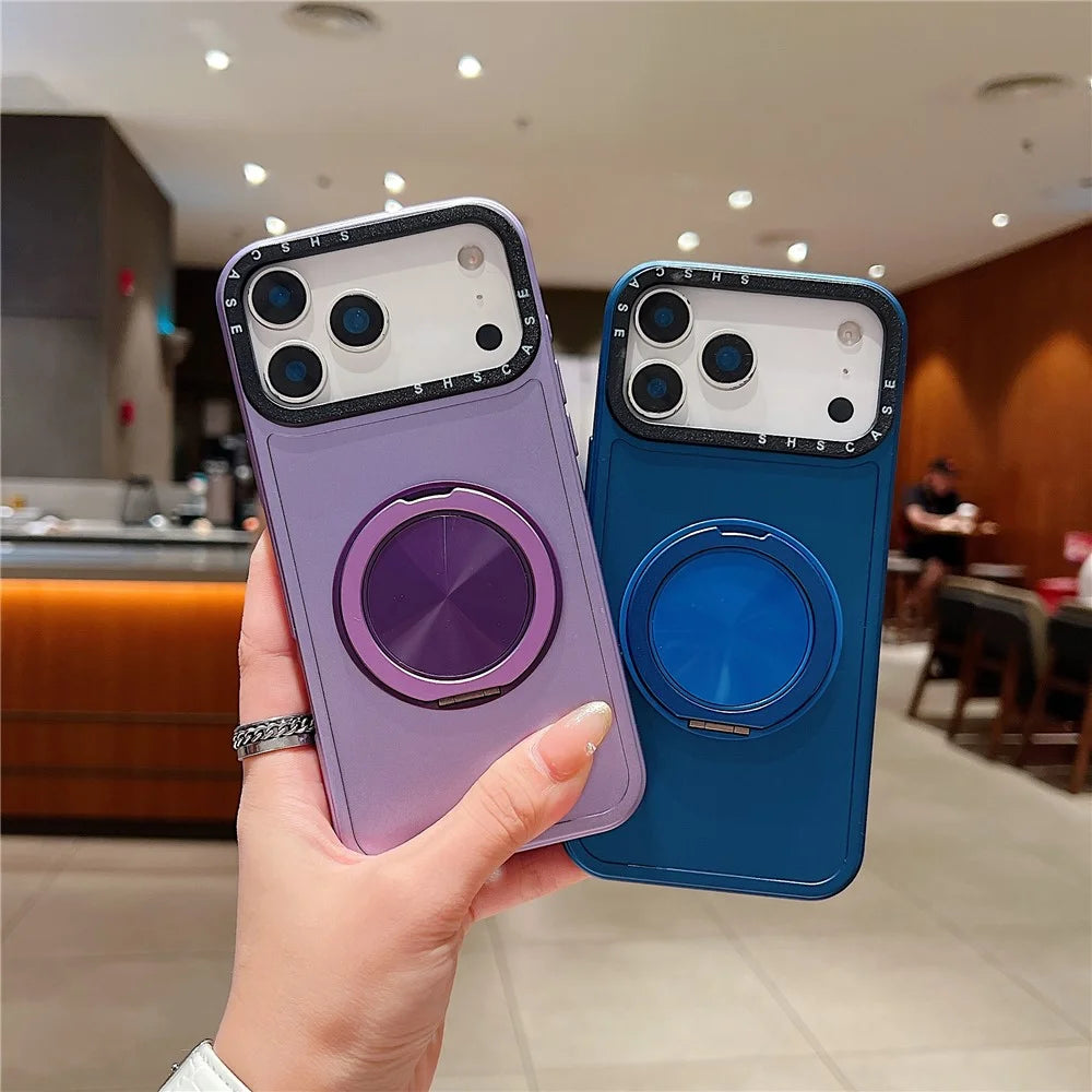 For iPhone 18 Pro Max / 17 Pro Max Magnetic Case Rotating Kickstand Black Lens Frame Metal Paint Finish PC TPU Phone Cover - Rose Gold - 3