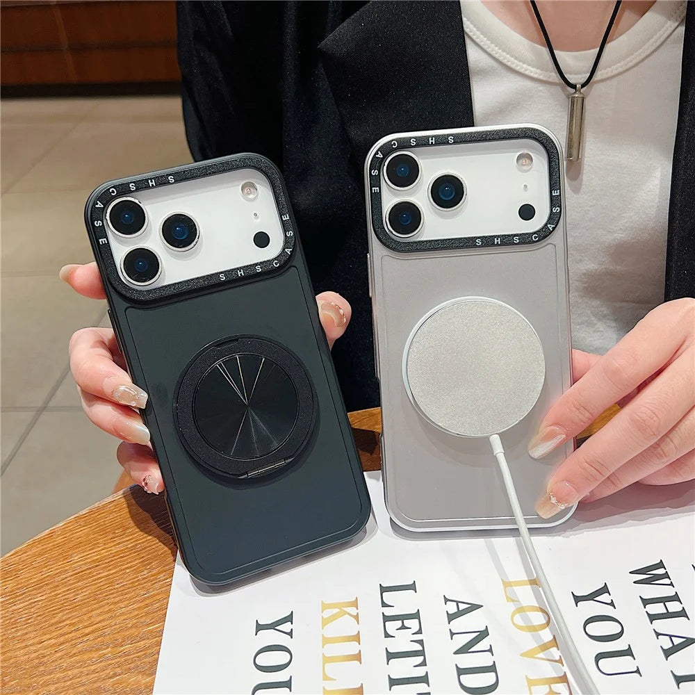 For iPhone 18 Pro Max / 17 Pro Max Magnetic Case Rotating Kickstand Black Lens Frame Metal Paint Finish PC TPU Phone Cover - Rose Gold - 4