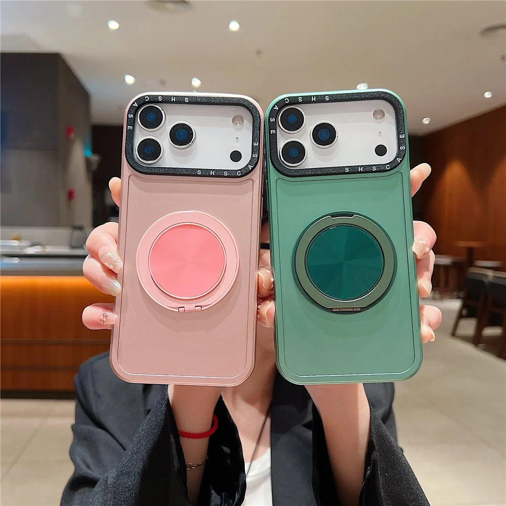 For iPhone 18 Pro Max / 17 Pro Max Magnetic Case Rotating Kickstand Black Lens Frame Metal Paint Finish PC TPU Phone Cover - Rose Gold - 5
