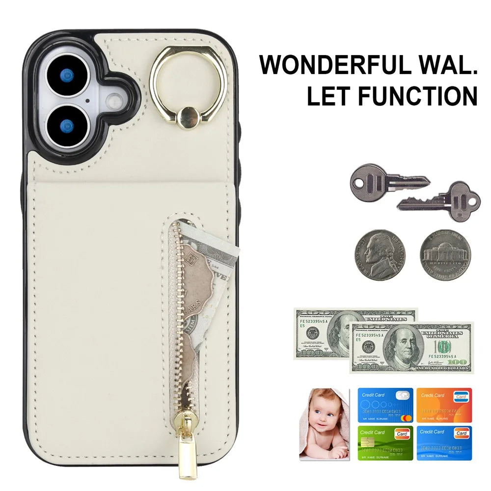 For iPhone 17 Case Zipper RFID Blocking Retro Leather + TPU Phone Cover with Kickstand - White - 4