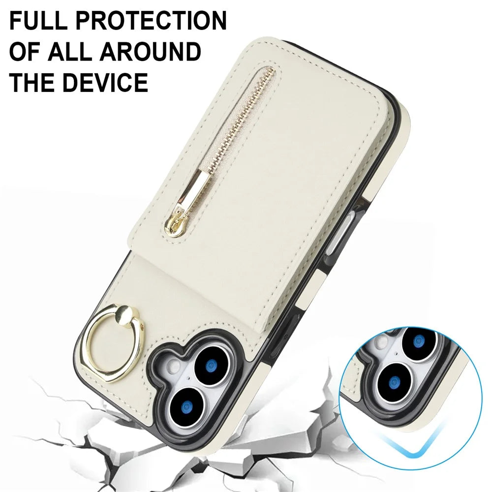 For iPhone 17 Case Zipper RFID Blocking Retro Leather + TPU Phone Cover with Kickstand - White - 7