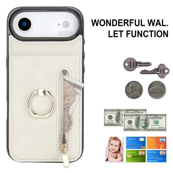 For iPhone Air Case Zipper RFID Blocking Retro Leather + TPU Phone Cover with Kickstand - White - 4